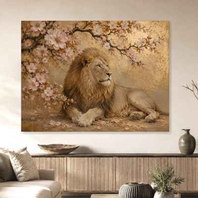 Majestätischer Löwe zwischen Blüten, Leinwand oder Acrylbild