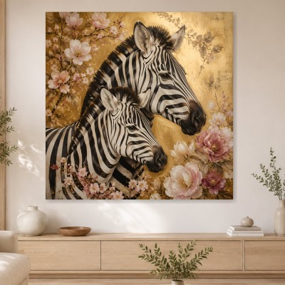 Zebraporträt mit Blüten, Kunstwerk oder Wandbild