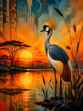 Afrikanischer Kranich bei Sonnenuntergang, Wandbild oder Kunstdruck Afrikanischer Kranich bei Sonnenuntergang, Wandbild oder Kunstdruck