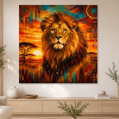 Majestätischer Löwe als Leinwand oder Poster in warmem Sonnenuntergang