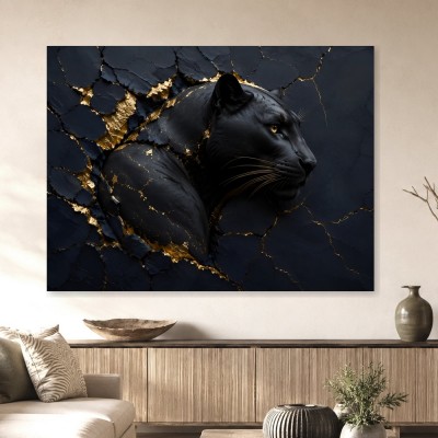 Schwarzer Panther als Leinwandbild oder Acrylbild mit Goldakzenten