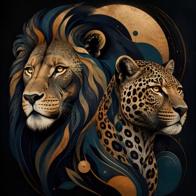 Löwen und Leopard als Wandbild oder Kunstdruck
