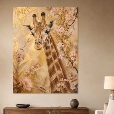 Giraffe zwischen Blüten als Leinwand oder Acrylbild