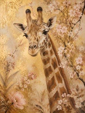 Giraffe zwischen Blüten als Leinwand oder Acrylbild