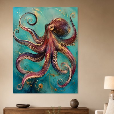 Abstraktes Wandbild oder Gallery Print mit Oktopus in Türkis und Gold