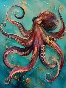 Abstraktes Wandbild oder Gallery Print mit Oktopus in Türkis und Gold