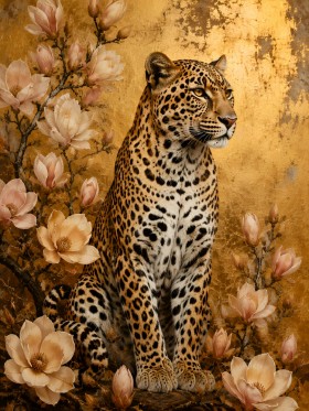 Leopard mit Magnolien als Wandbild oder Fine Art Print