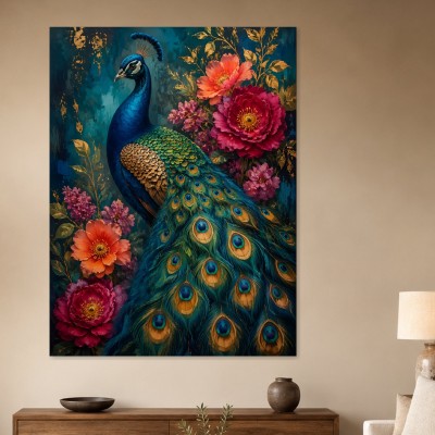Pfau mit Blütenpracht als Wandbild oder Fine Art Print