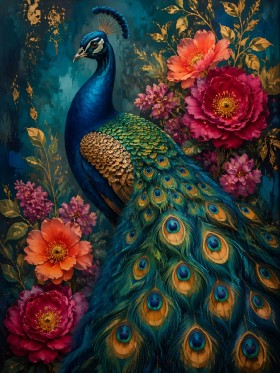 Pfau mit Blütenpracht als Wandbild oder Fine Art Print