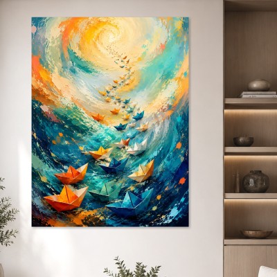 Abstraktes Wandbild oder Kunstdruck mit farbigen Papierbooten