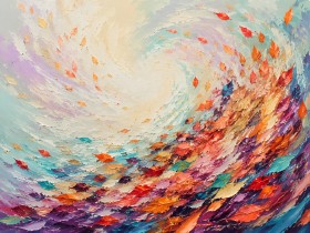 Abstraktes Farbwirbel Wandbild oder Gallery Print mit Blätterdynamik