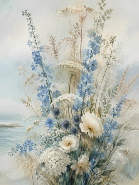Blumenmeer am Meer, Wandbild oder Leinwandbild in zarten Pastelltönen