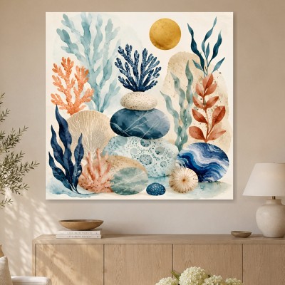 Maritime Wandbild oder Kunstdruck mit zarten Korallen und Steinen