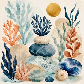 Maritime Wandbild oder Kunstdruck mit zarten Korallen und Steinen