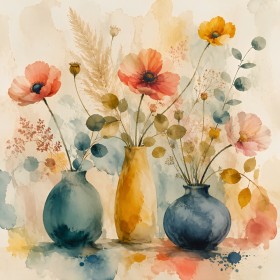 Aquarell Blumenstillleben als Leinwand oder Poster mit sanften Vasen