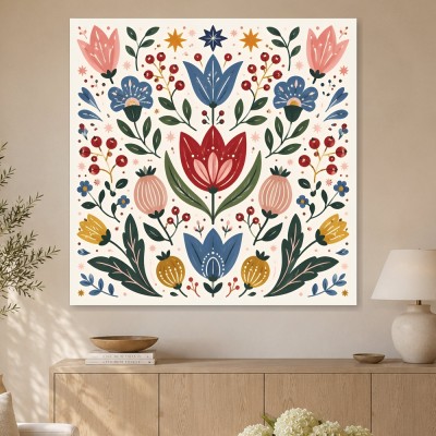 Blumiges Wandbild oder Kunstdruck mit folkloristischer Ornamentik