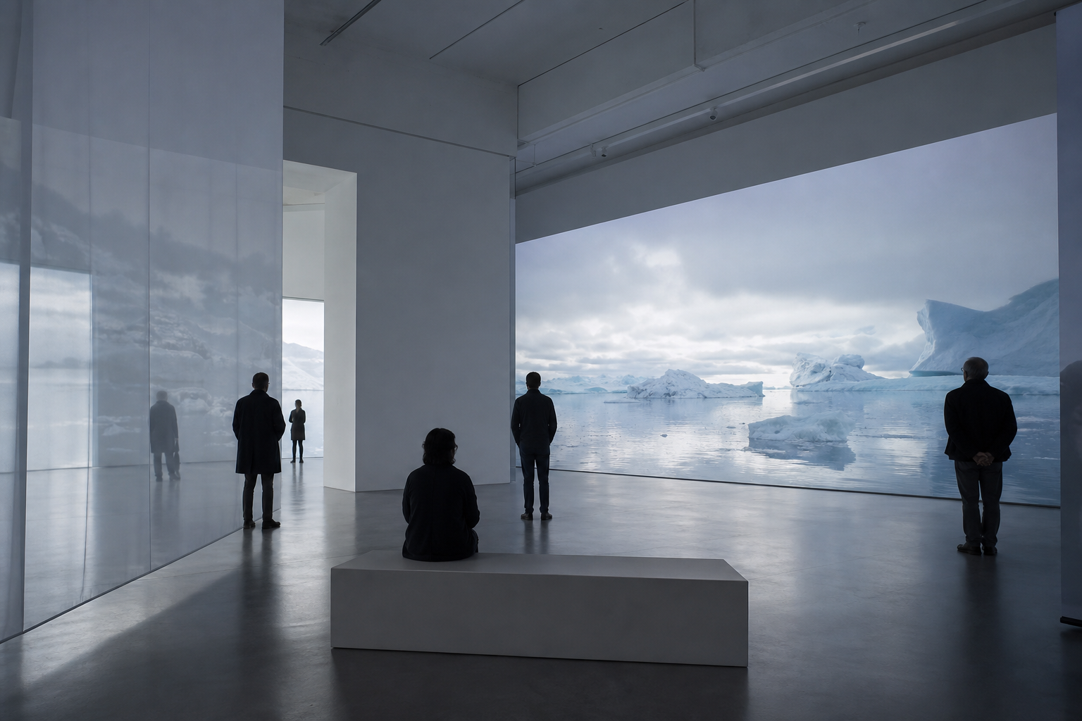 Neutral gestalteter Ausstellungsraum mit arktisch anmutender Projektion und wenigen Silhouetten
