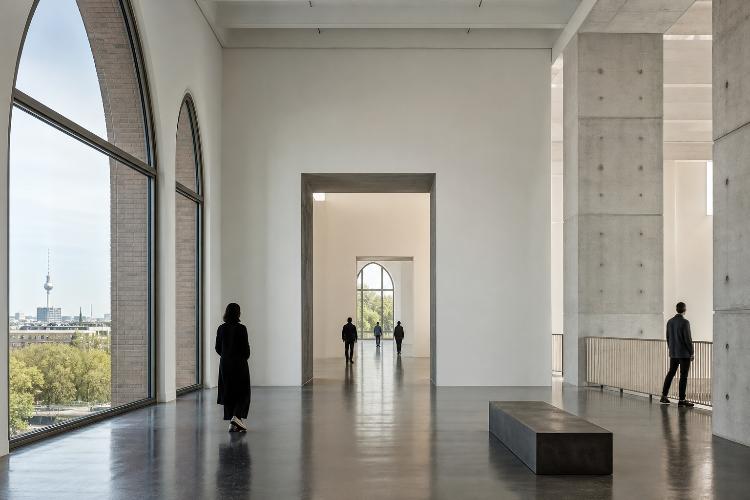 Ruhiger Museumsraum mit abstrahierter Berliner Gegenwartskunst-Szenerie