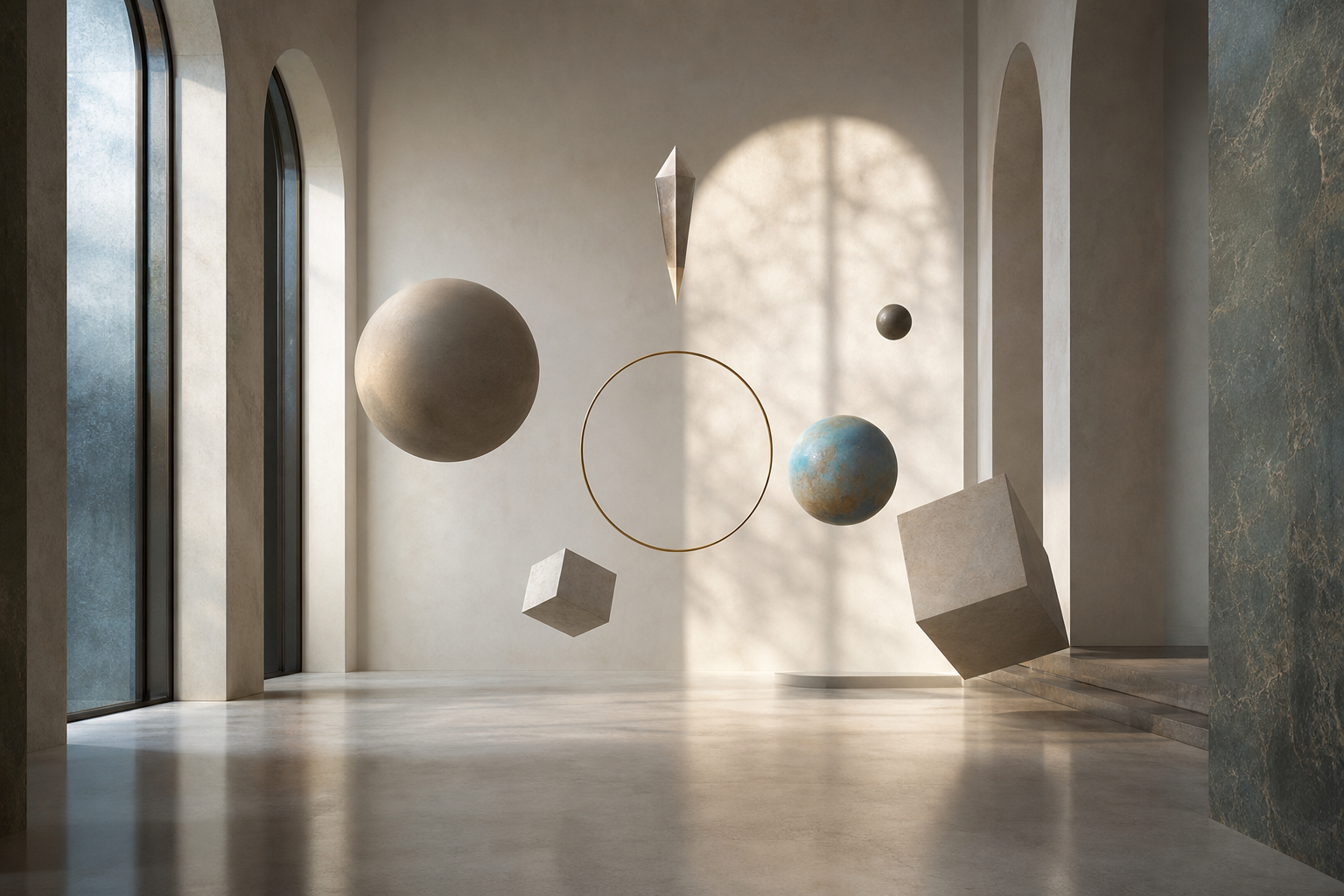 Neutral inszenierter, surreal anmutender Museumsraum mit schwebenden geometrischen Formen