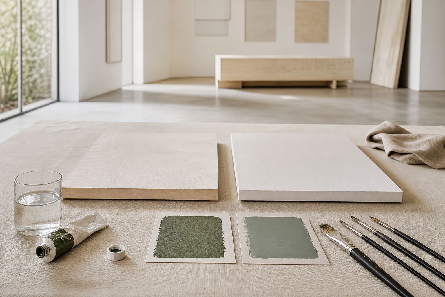 Ateliertisch mit Malplatten, Pinseln und Acryl-Testflächen