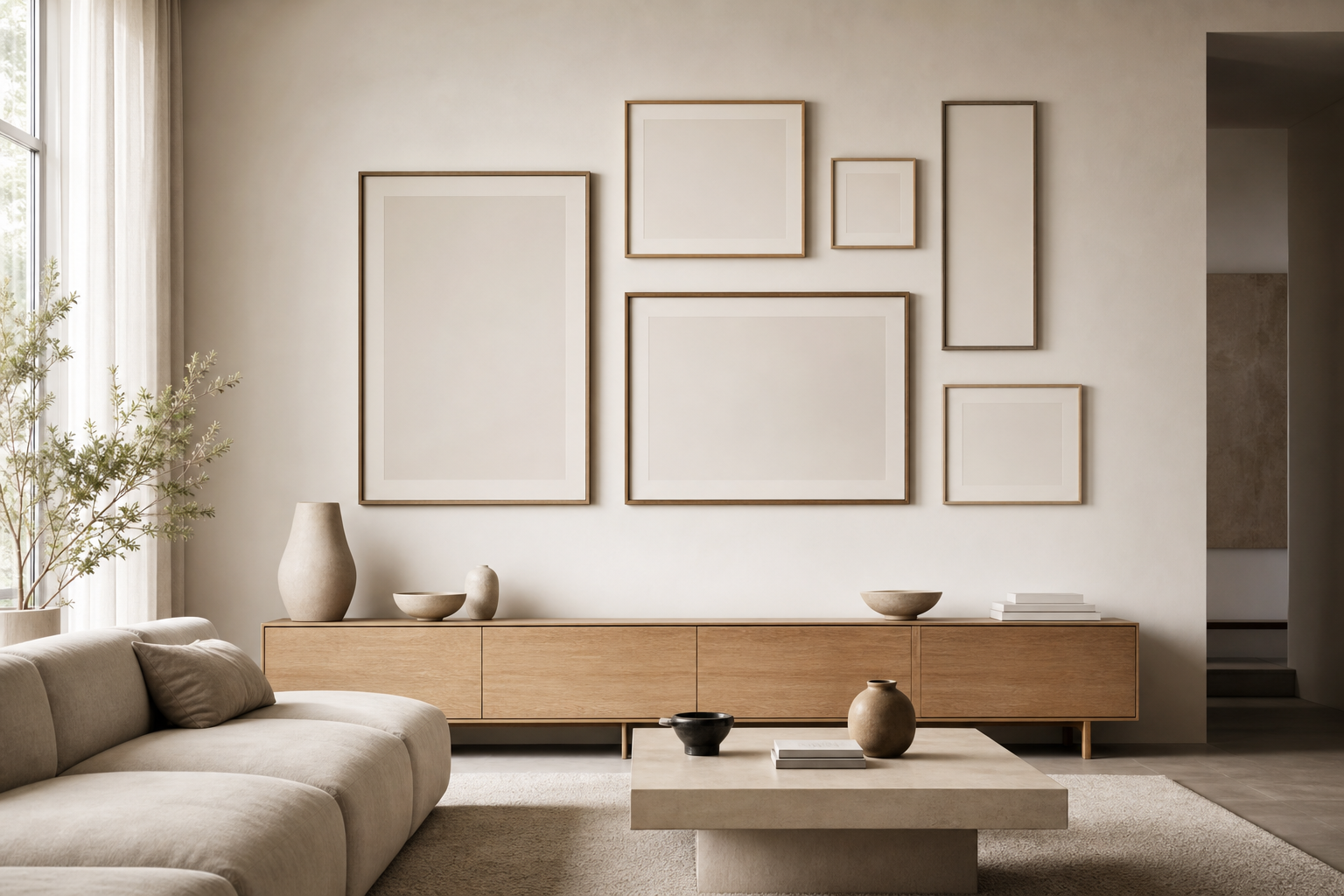 Stilvolle Bilderwand über einem Sideboard in einem hellen Wohnraum