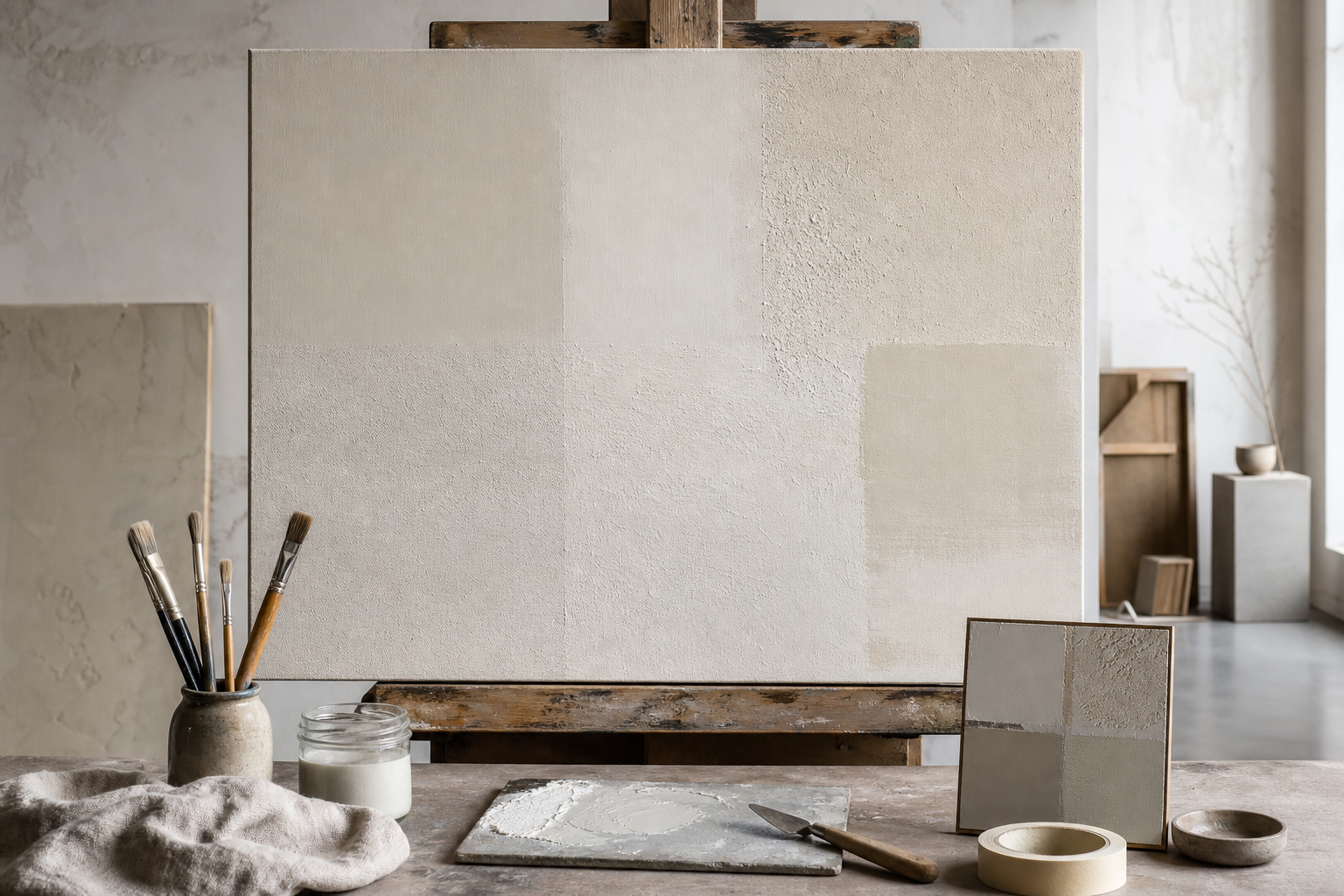 Atelier-Setup mit getesteten Malgrund-Oberflächen und Malmaterialien
