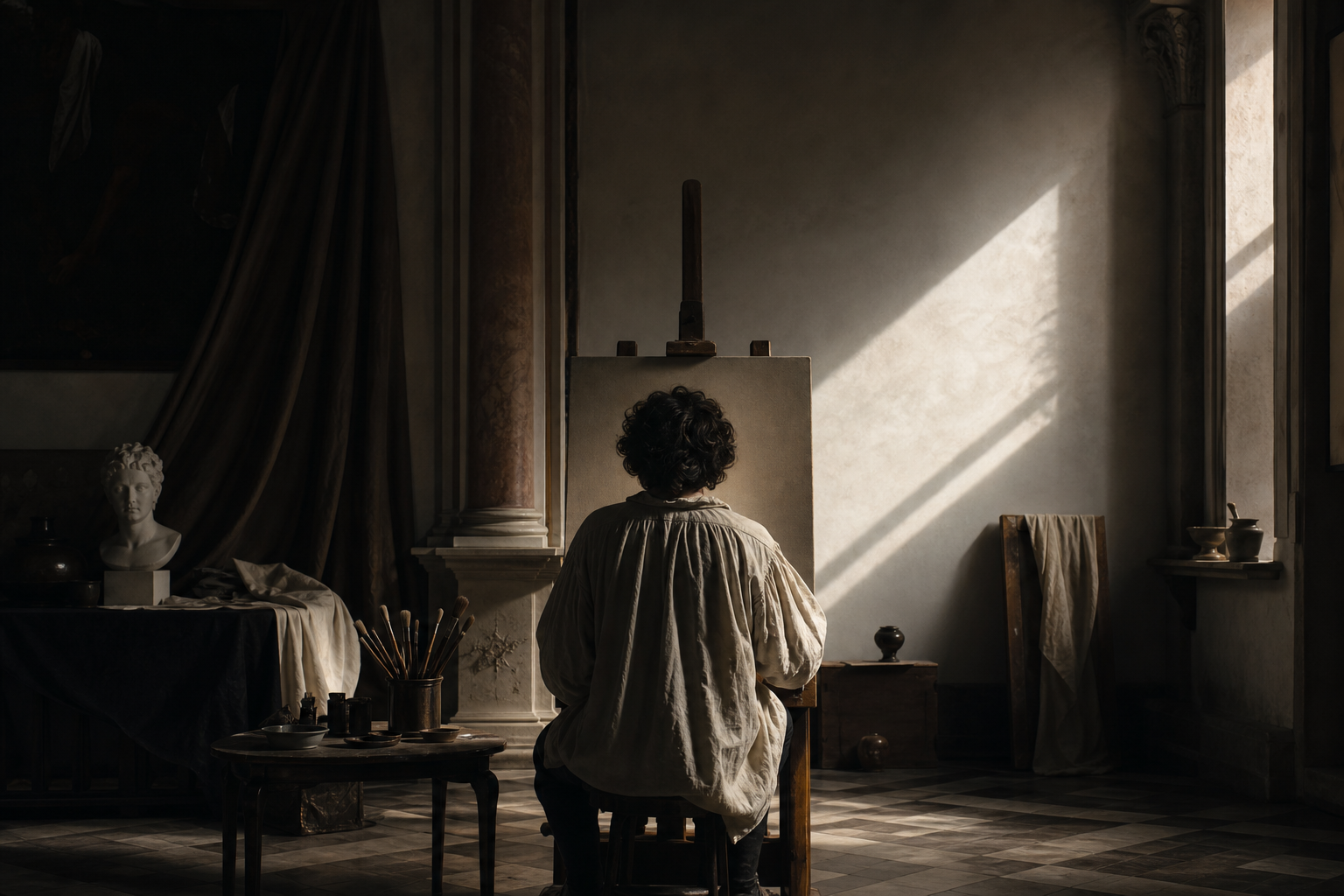 Atmosphärische Szene mit starkem Hell-Dunkel-Kontrast als Titelbild zu Caravaggio