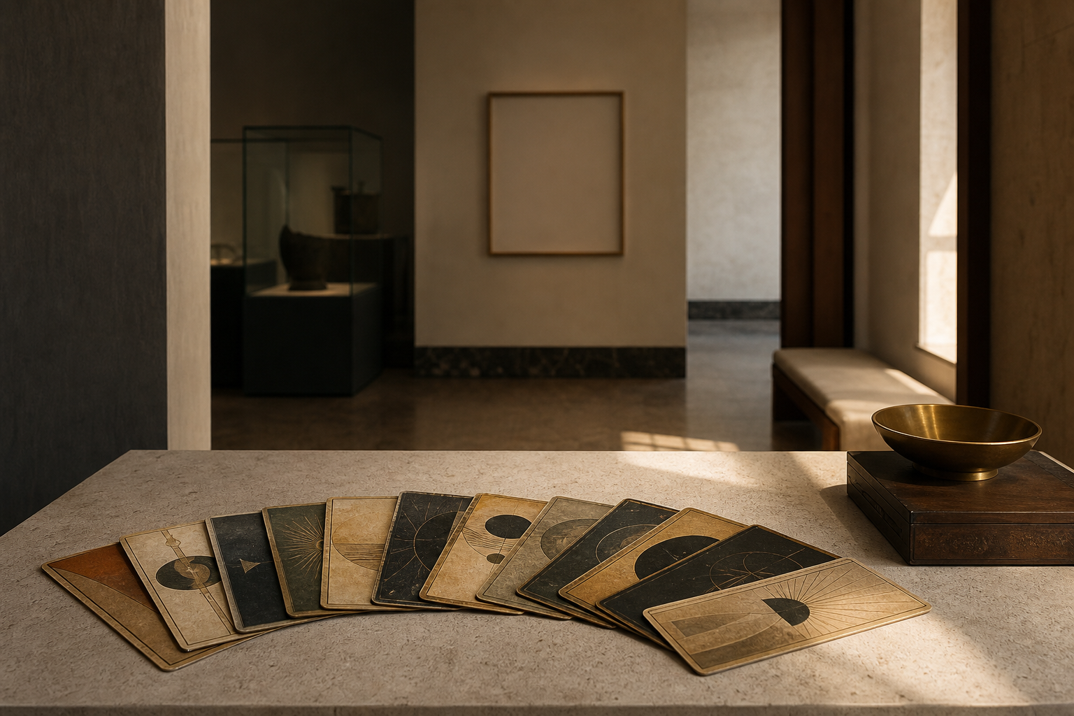 Abstrakte Museumsinszenierung mit ausgebreiteten Karten im warmen Licht.