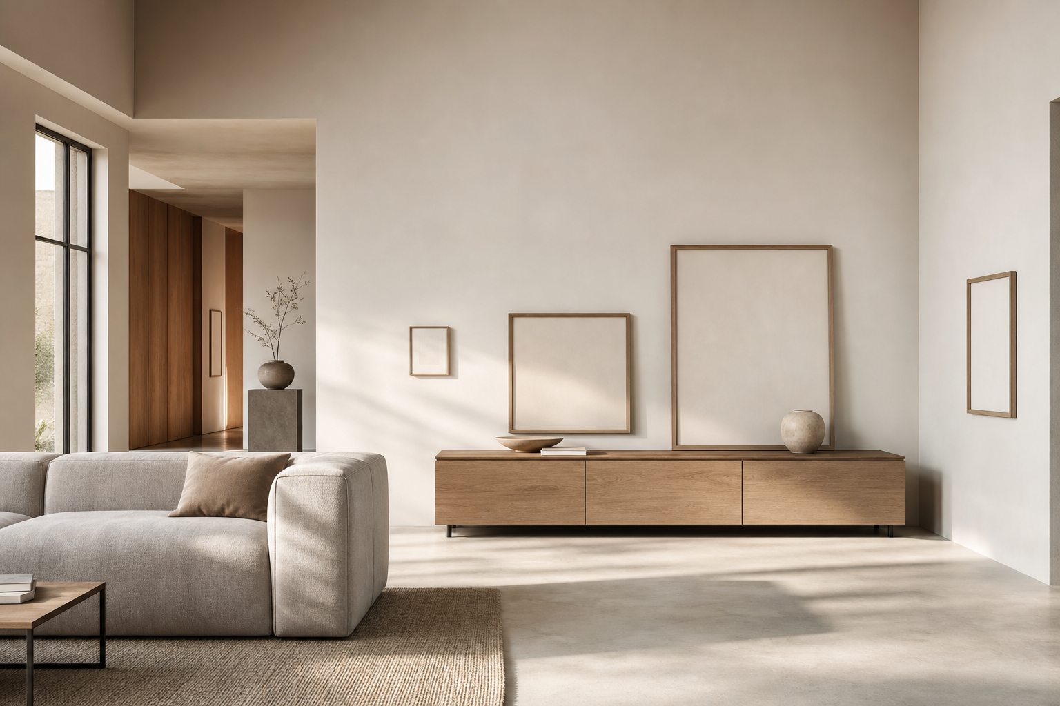 Moderner Wohnraum mit unterschiedlich formatierten gerahmten Bildern über Sofa und Sideboard