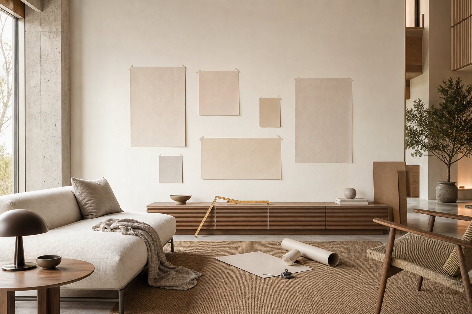 Moderner Wohnraum mit vorbereiteten Bildschablonen an der Wand zur Planung von Bildformat und Hängung.