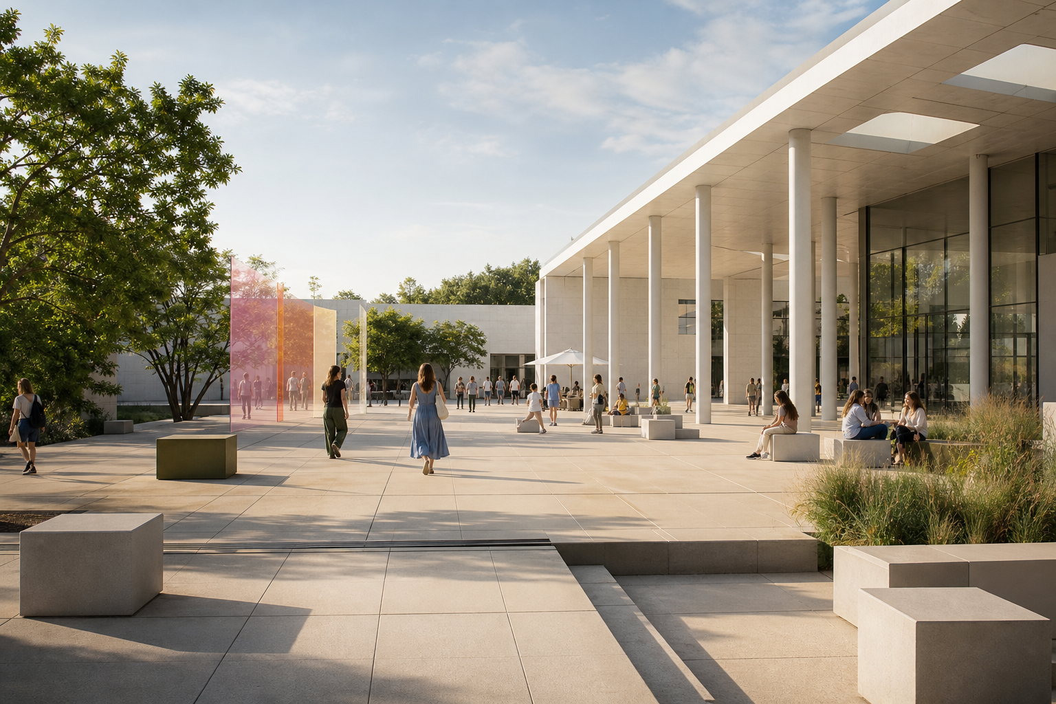 Offene Museumsarchitektur und Besucher im Außenraum einer Sommerausstellung