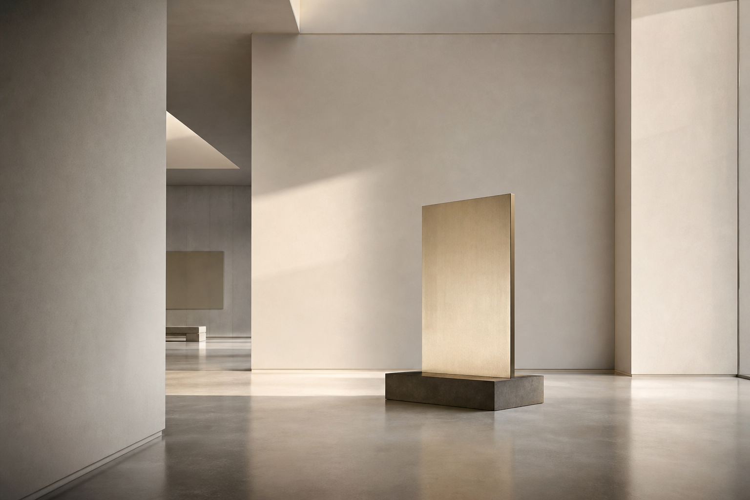 Schlichtes geometrisches Kunstobjekt in einem hellen Galerieraum