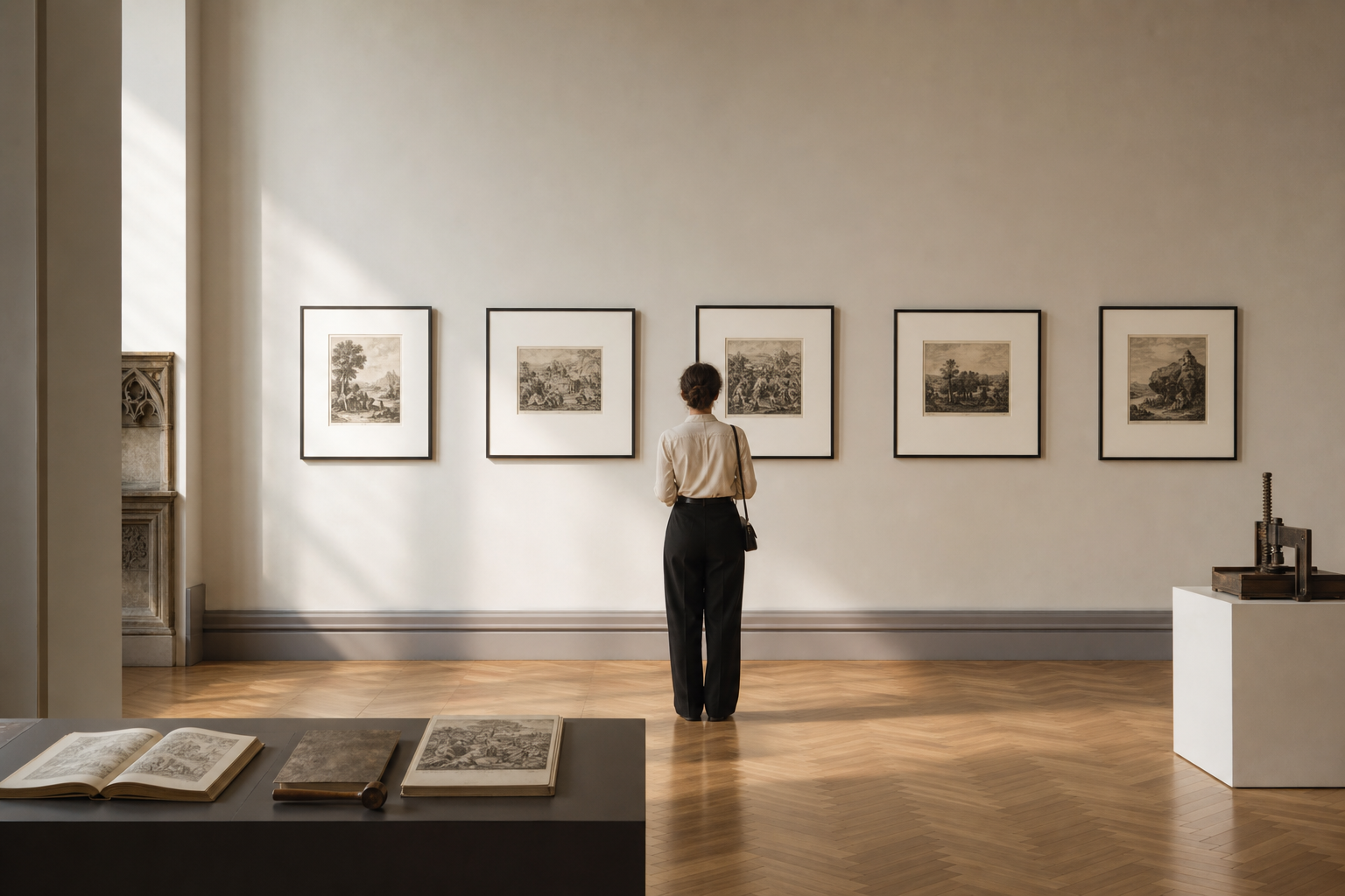 Neutral inszenierter Museumsraum mit historischen Druckgrafiken in einer Ausstellung