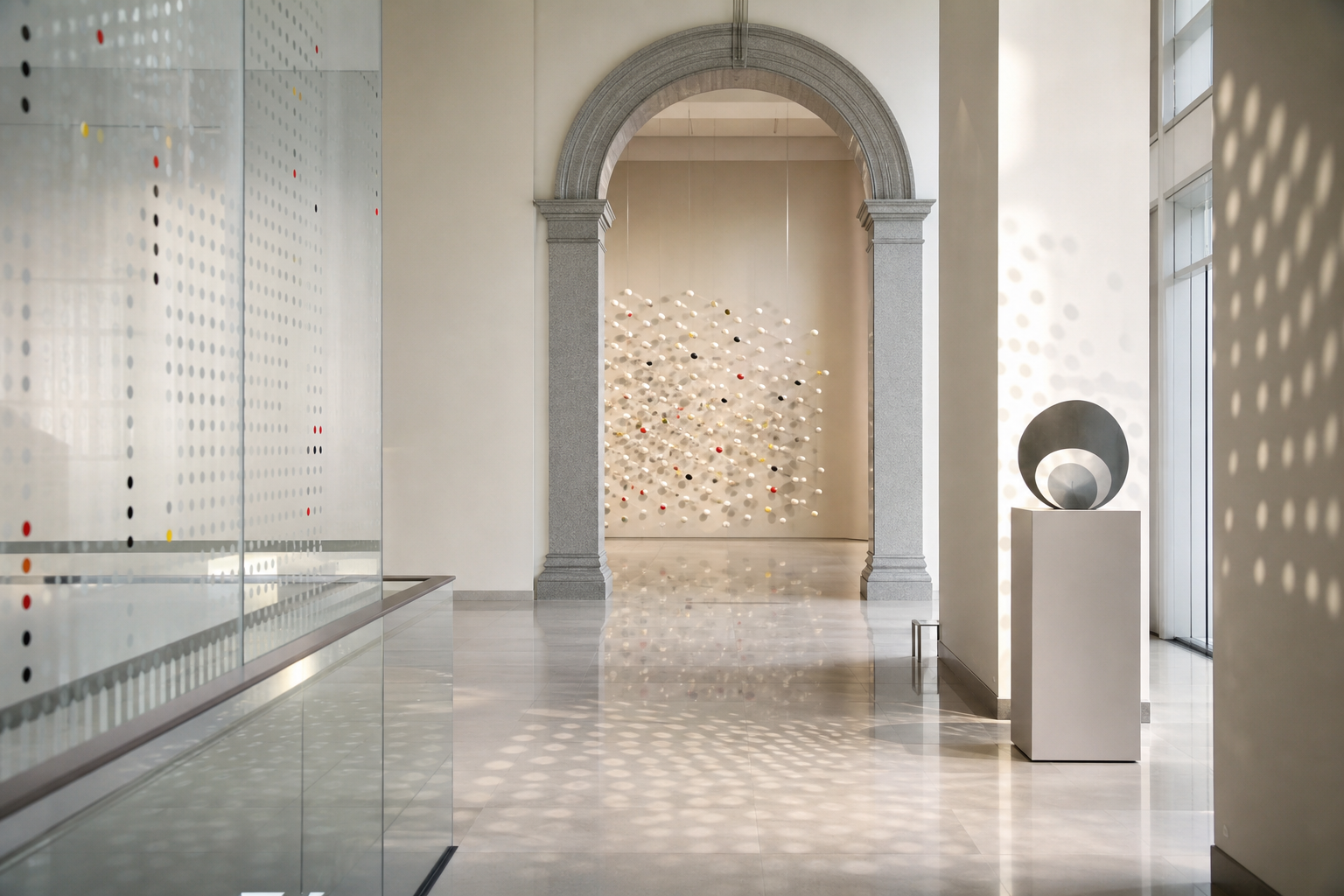 Helle Museumsinterieur-Atmosphäre mit subtilen Punkt- und Spiegelmotiven als Anspielung auf eine große Kusama-Ausstellung.