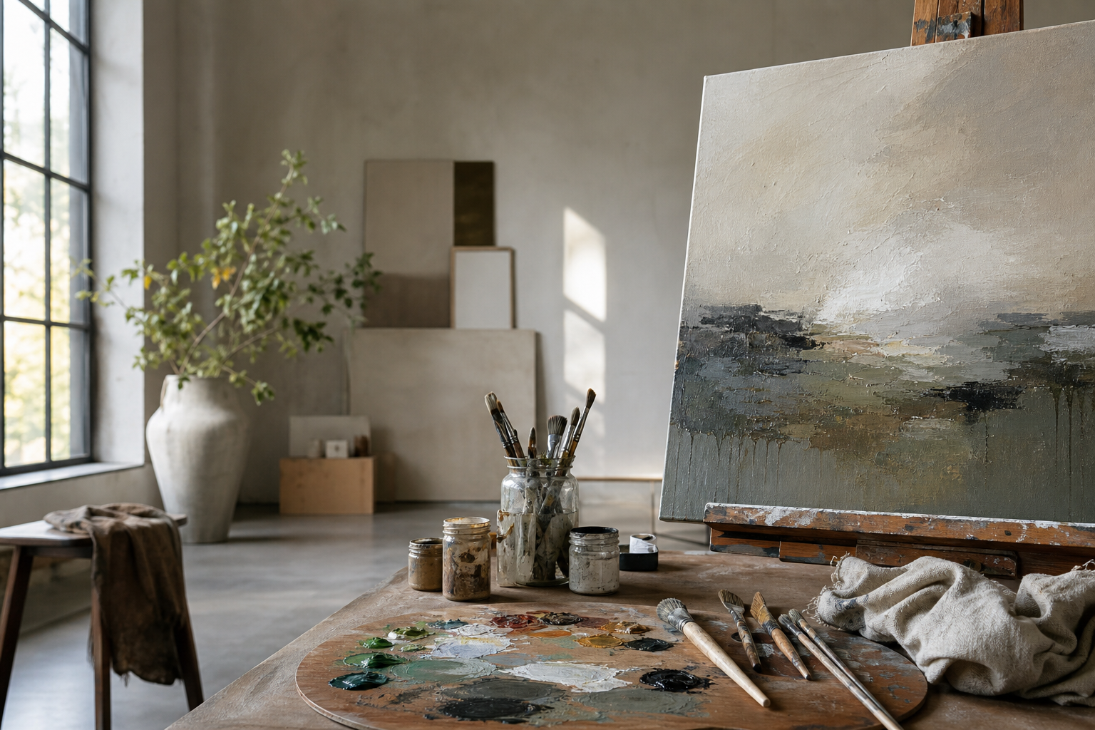 Atelier mit Malmaterialien, Leinwand und Pinseln im weichen Licht