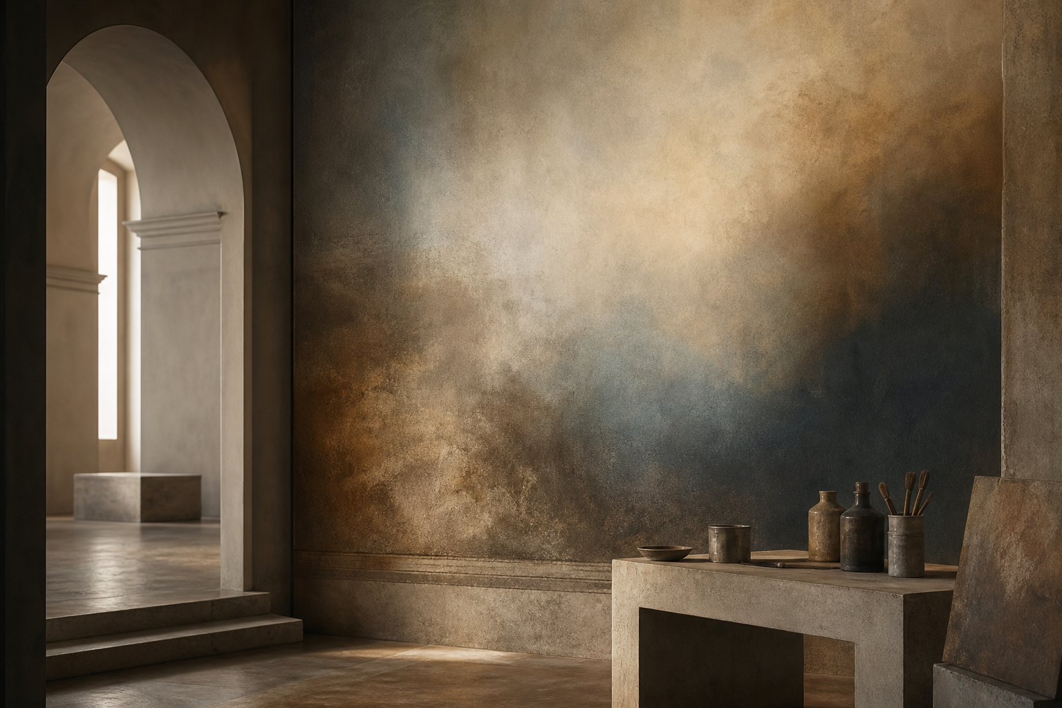 Abstrakt-museales Titelbild zu Leonardos sfumato mit weichen Licht- und Schattenübergängen