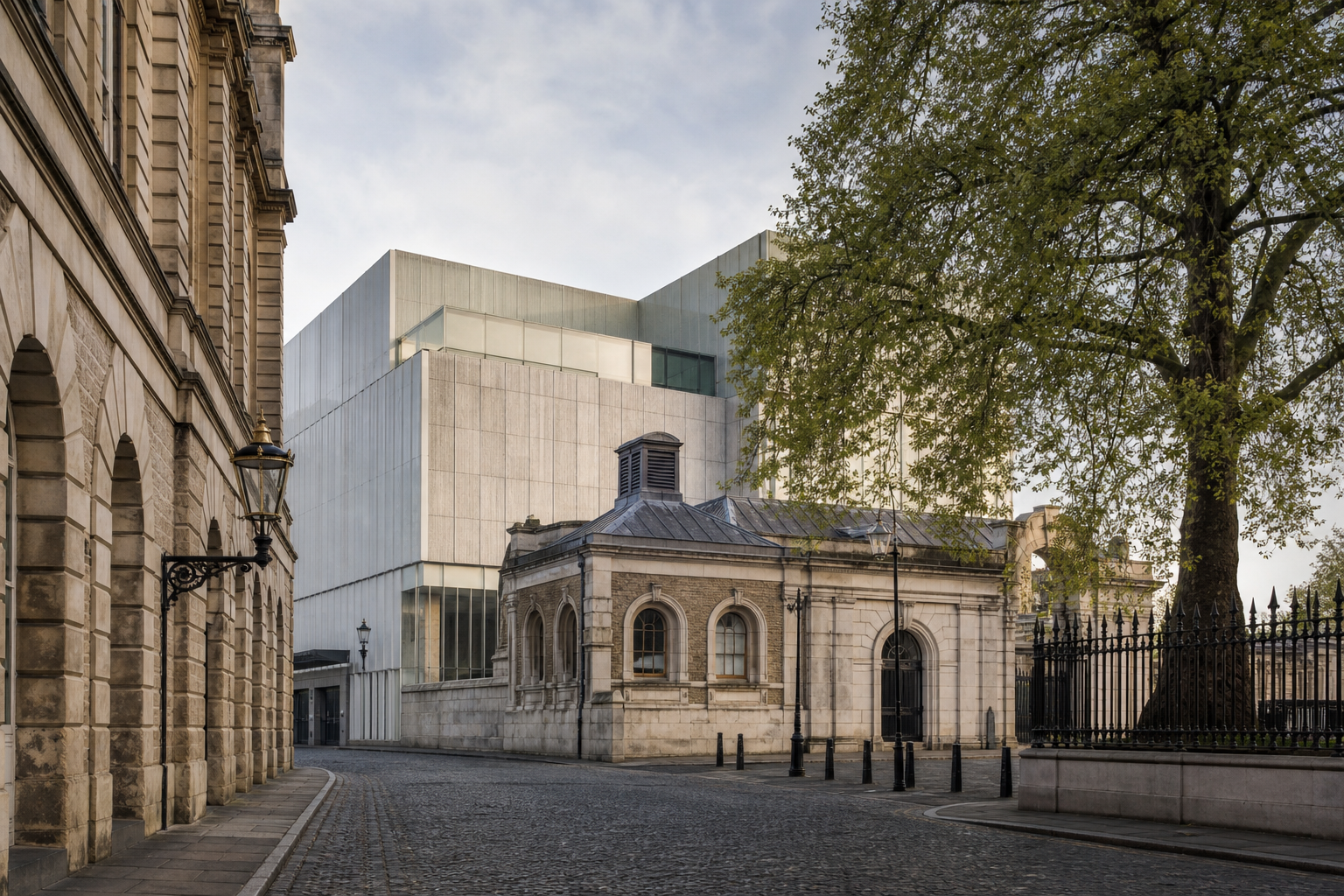 Historische Londoner Straßenszene mit moderner Museumssilhouette im Hintergrund