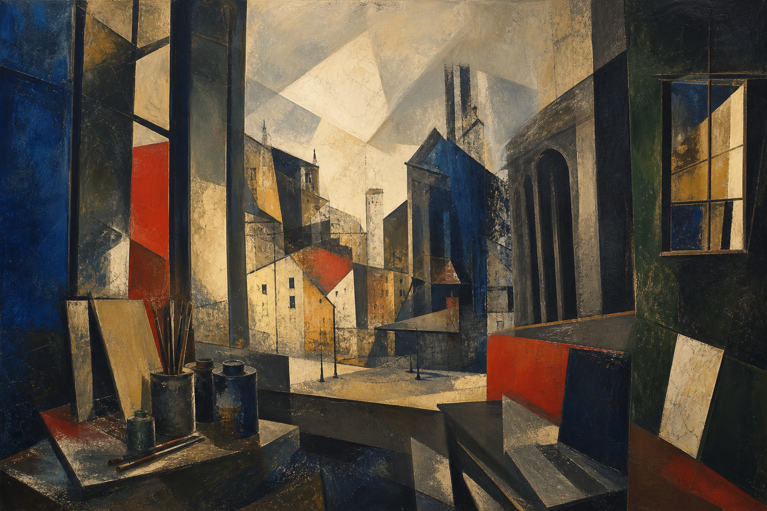 Abstrakt-expressionistische Großstadtszene mit kräftigen Farben und spannungsreicher Lichtwirkung.