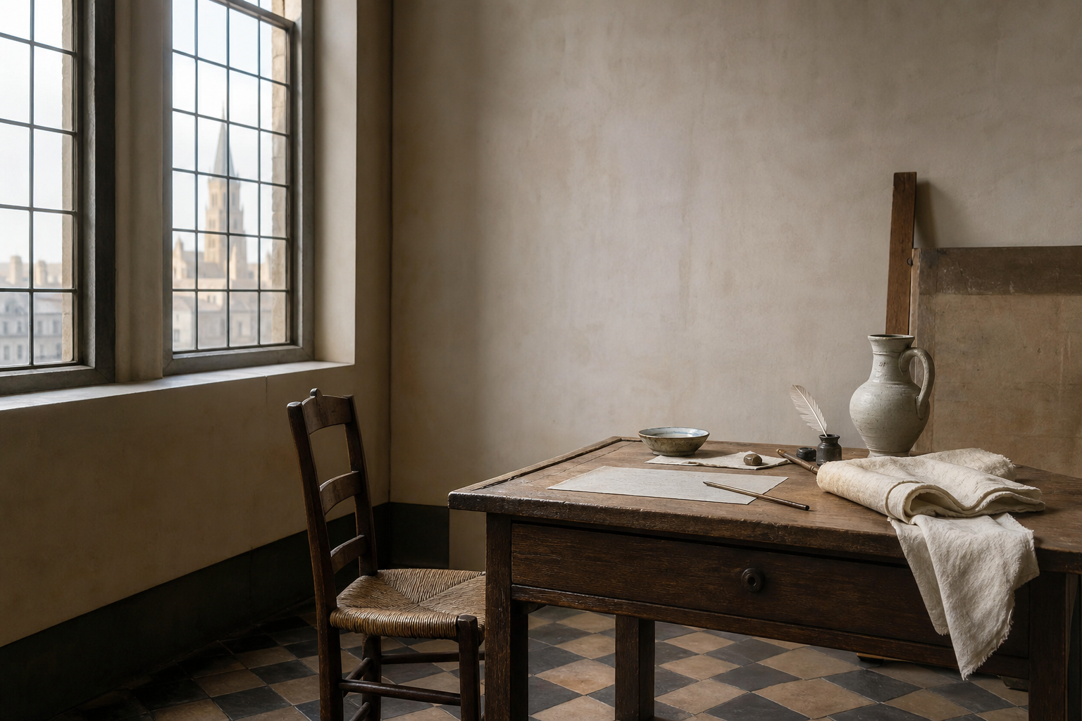Helles niederländisches Interieur des 17. Jahrhunderts mit Fensterlicht als neutrales Kunsthistorie-Motiv.
