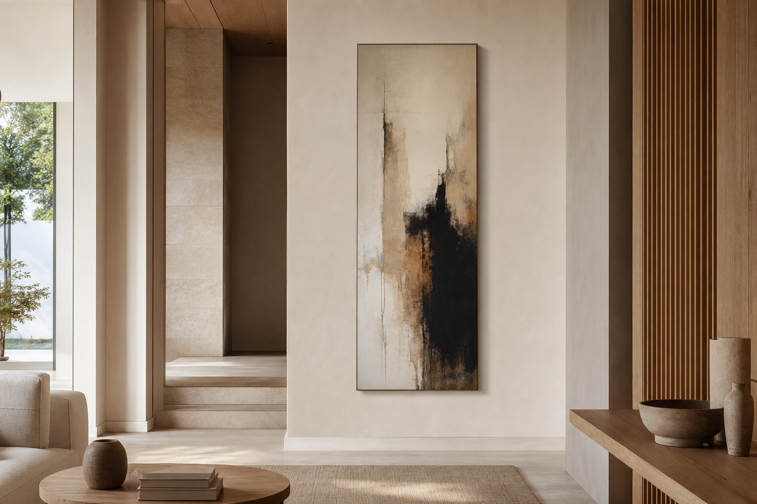 Modern eingerichteter Raum mit vertikalem Kunstformat an einer schmalen Wand