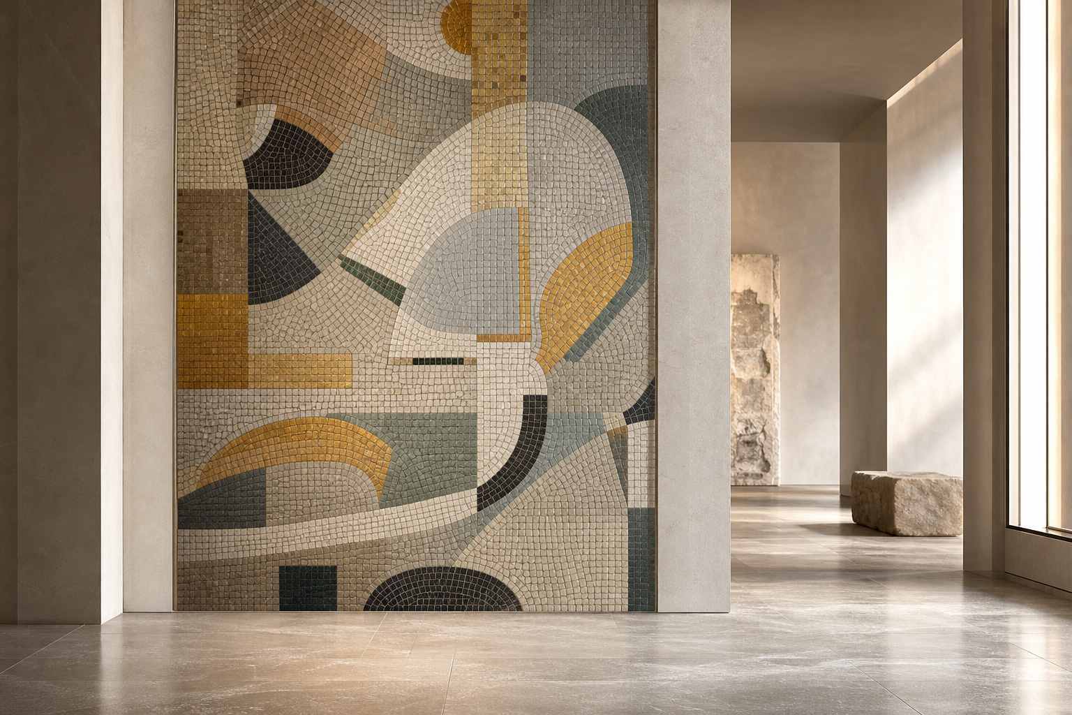 Stilisiertes Mosaik in einem Museumsraum mit dezentem Licht