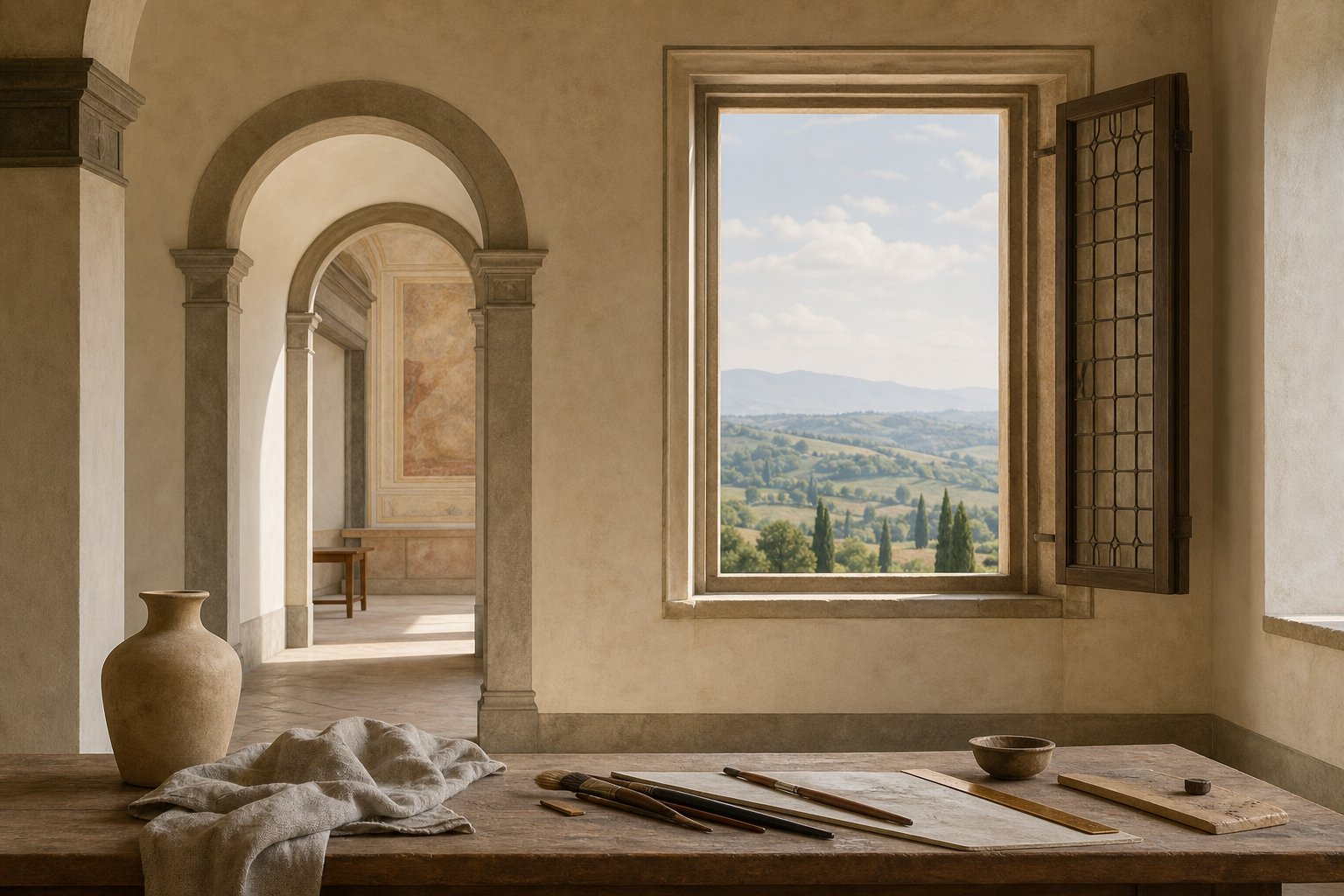 Ruhiger Renaissance-Raum mit Blick auf toskanische Hügel und geometrischer Ordnung.