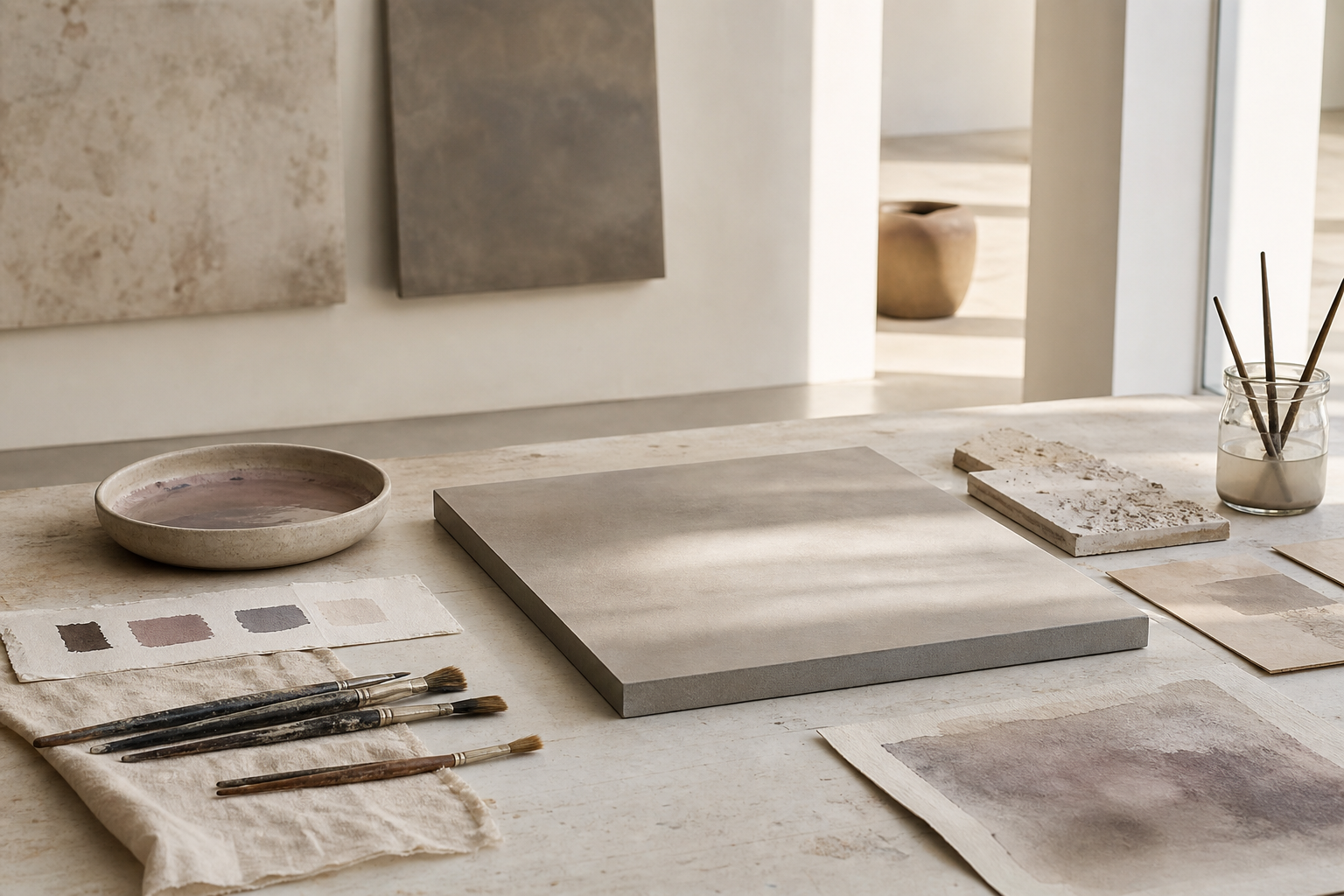 Atelier-Setup mit grundierter Malplatte und Farbtests für Lasuren