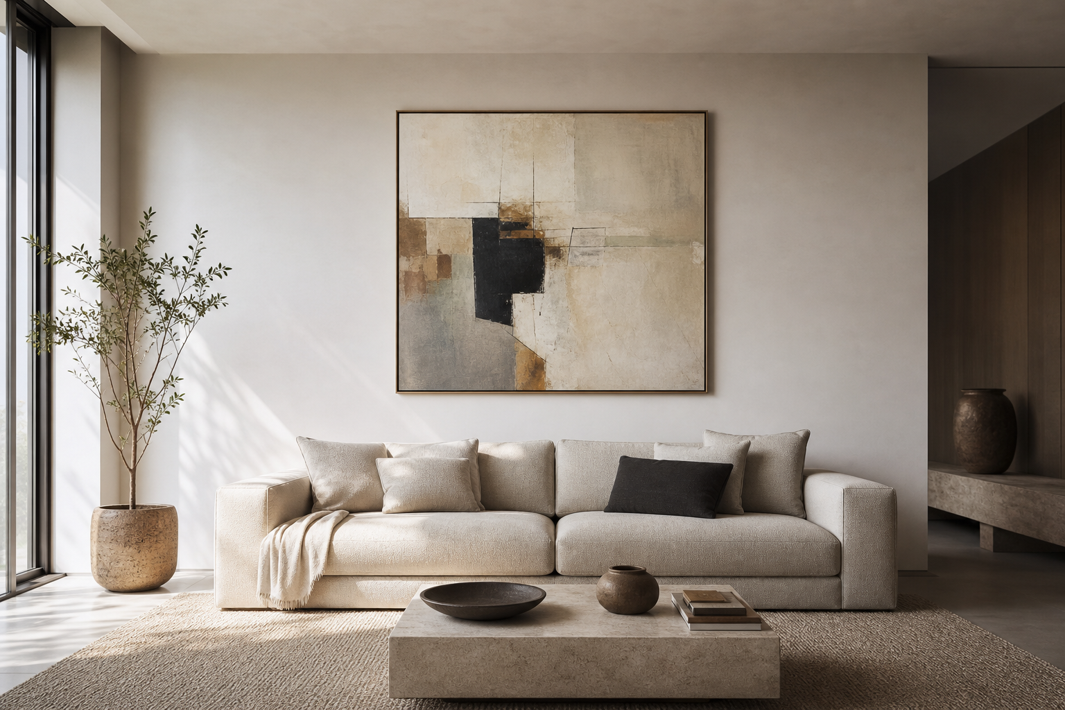Ruhiges Wohnzimmer mit passender Wandkunst über dem Sofa