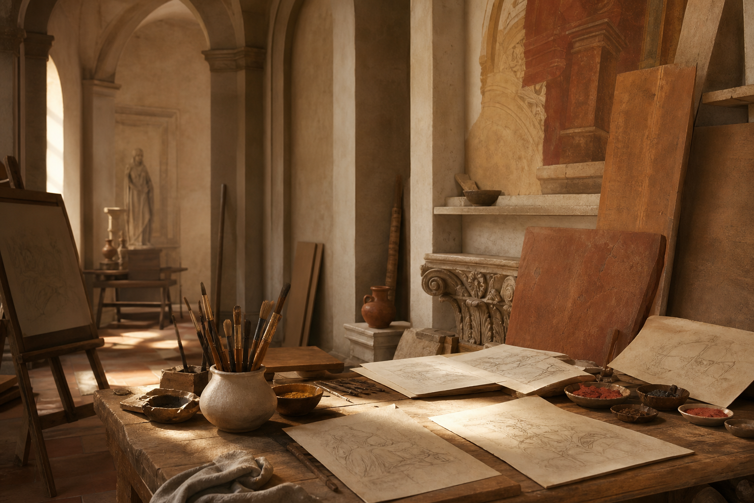 Renaissance-Atelier mit Zeichnungen, Holztafeln und warmem Licht