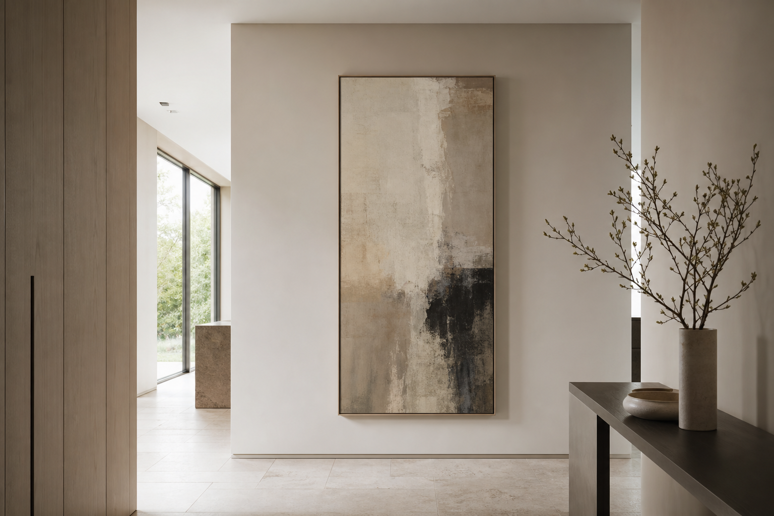 Minimalistischer Wohnflur mit vertikal gehängter Kunst an schmaler Wand