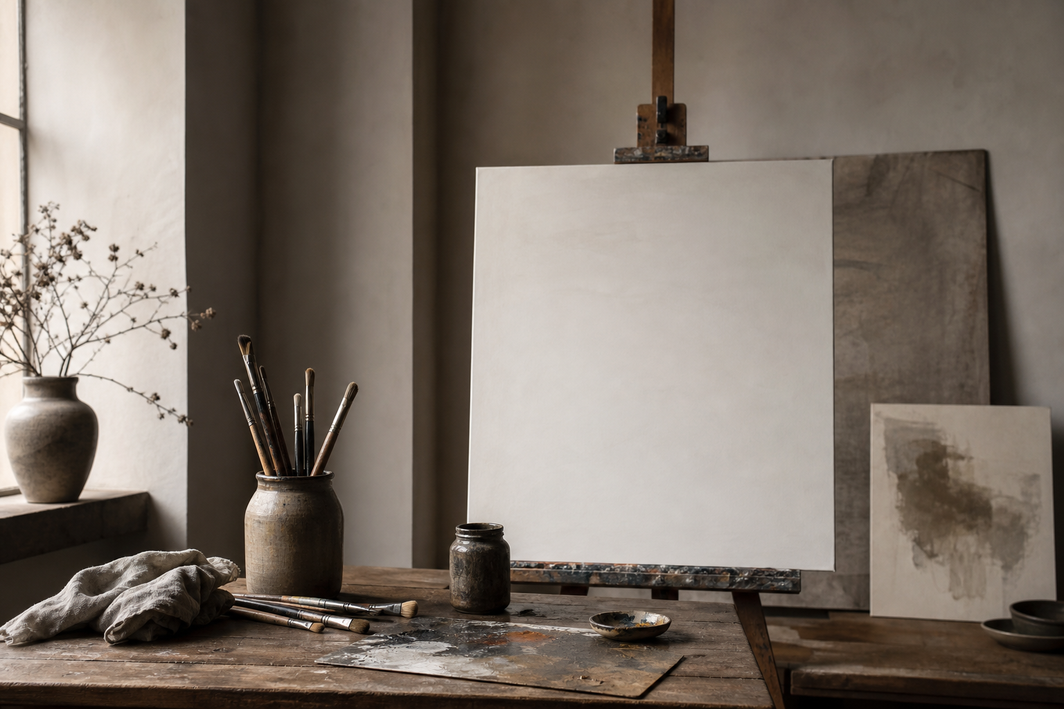 Atelierstillleben mit Palette, Pinseln und grundierter Leinwand für eine Öl-Untermalung