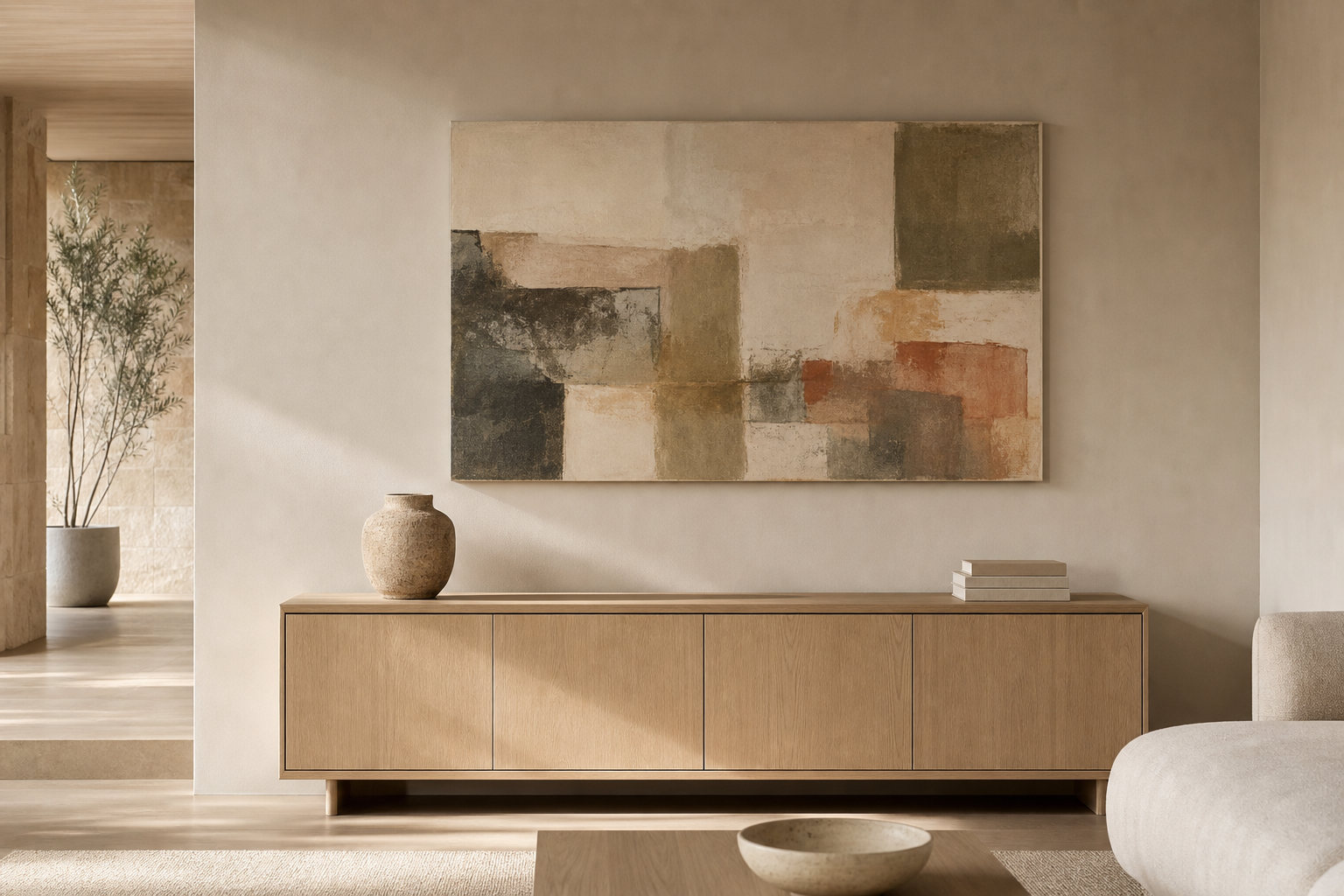 Neutrales Wohnzimmer mit Sideboard und horizontalem Kunstwerk über dem Möbel.