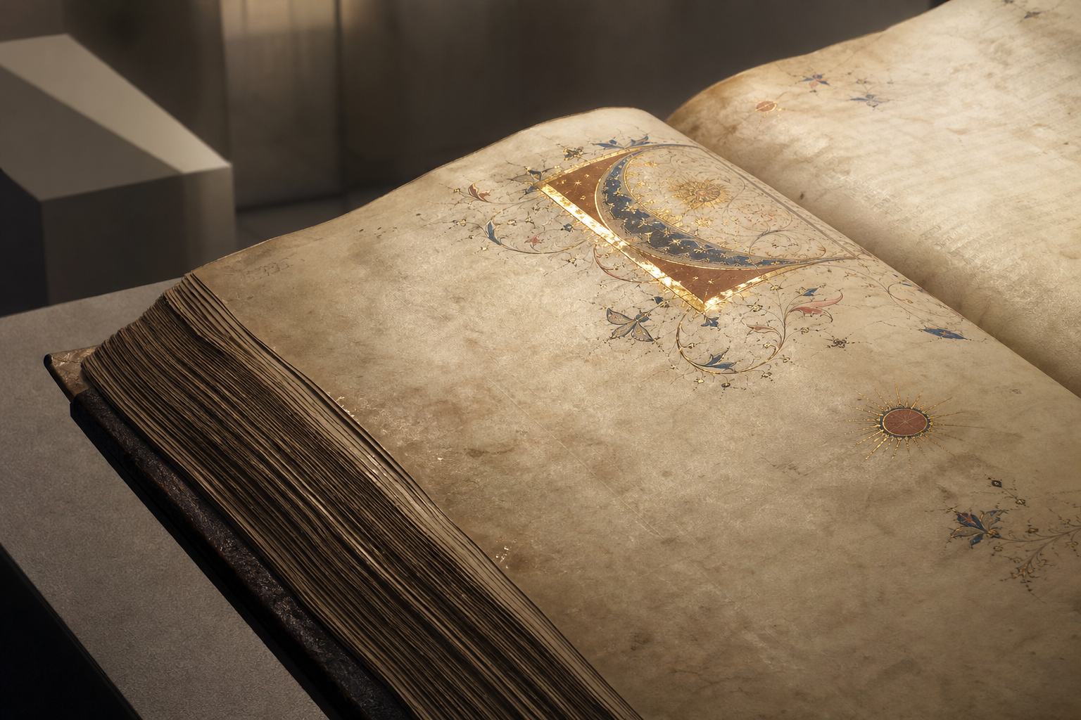 Historische Buchseite mit Gold und farbigen Initialen