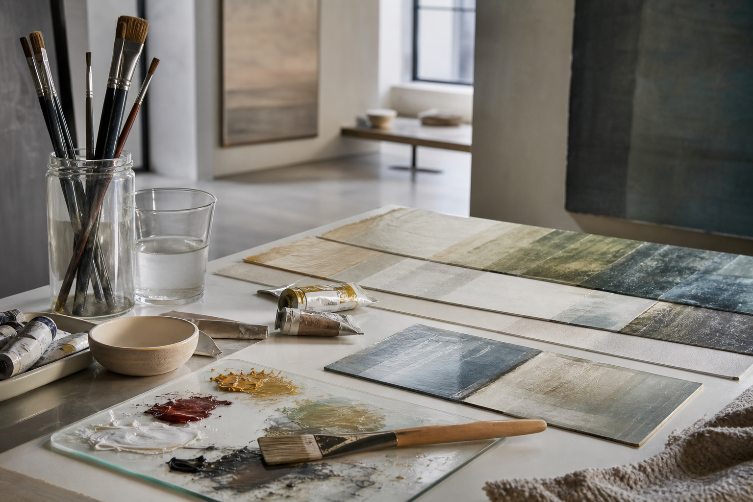 Atelier-Malszene mit Palette, Pinsel und transparenten Lasuren